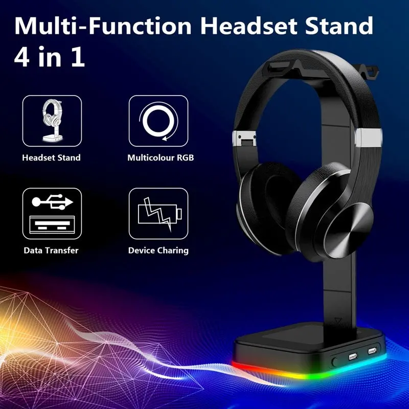 2-In-1 Rgb Gaming Desk Hub – Headphone Stand With Integrated Power Strip, Usb Ports & Earphone Hanger 1