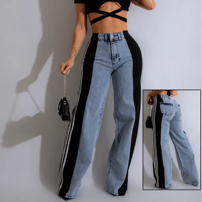 2024 Wide-Leg Denim Trousers – Elastic Waist Streetwear Pants With Triple-Stripe Detailing 1