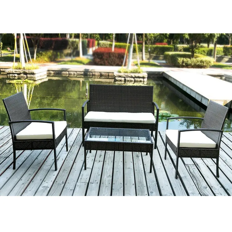 4-Piece Rattan Patio Furniture Set – Cushioned Garden Sofa Collection (Beige) 1