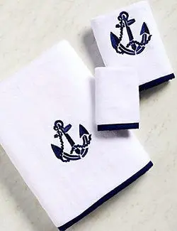 Anchor-Embellished Bias-Trim Cotton Towel Set 1