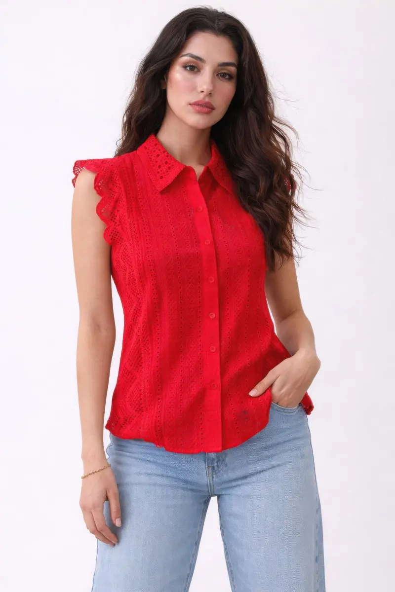 Classic Cotton Eyelet Lace Button-Front Blouse 1