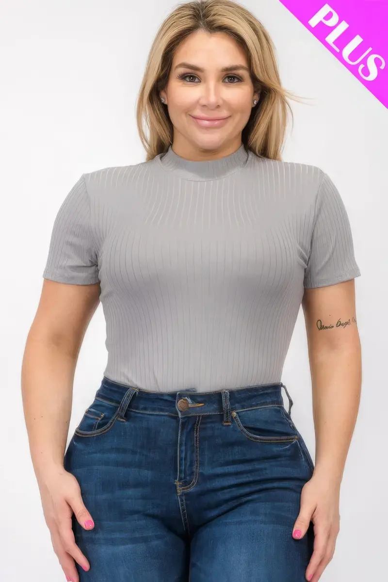 Curvy-Fit Ribbed Short Sleeve Bodysuit For Full Figures 1