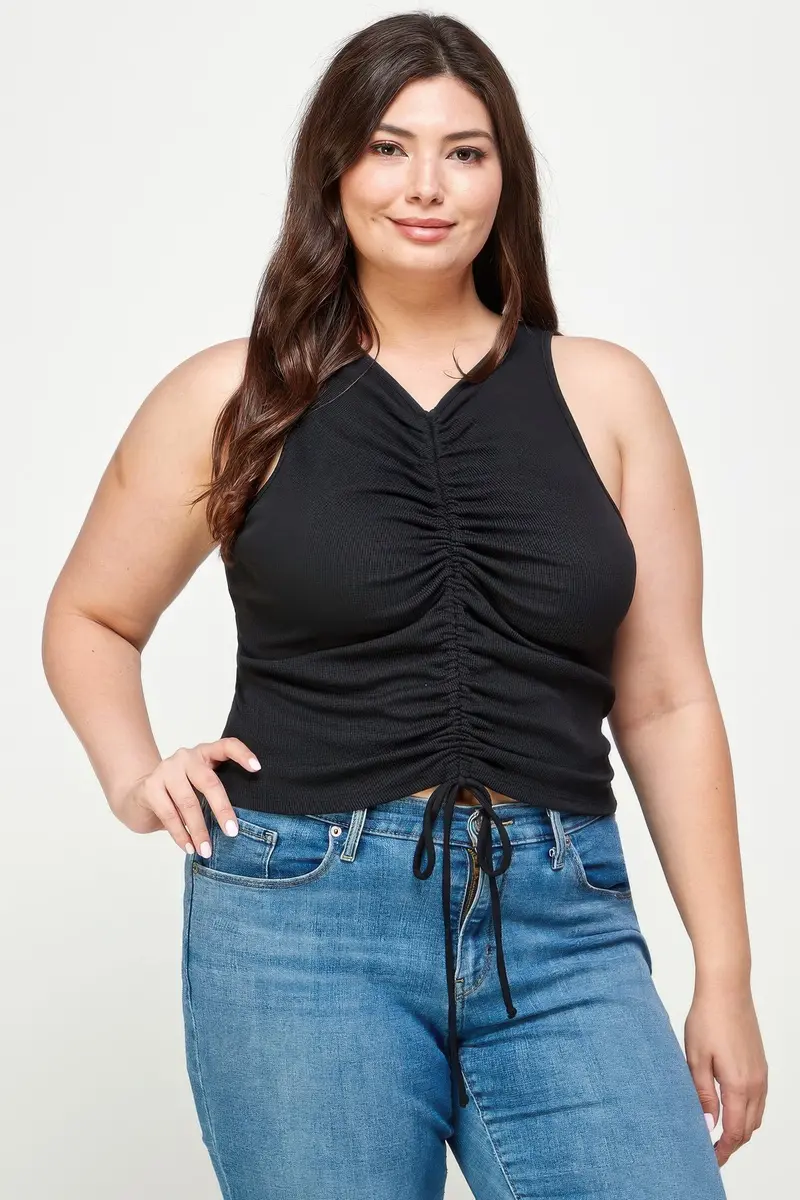 Curvy-Fit Ribbed Sleeveless Ruched Tank Top 1