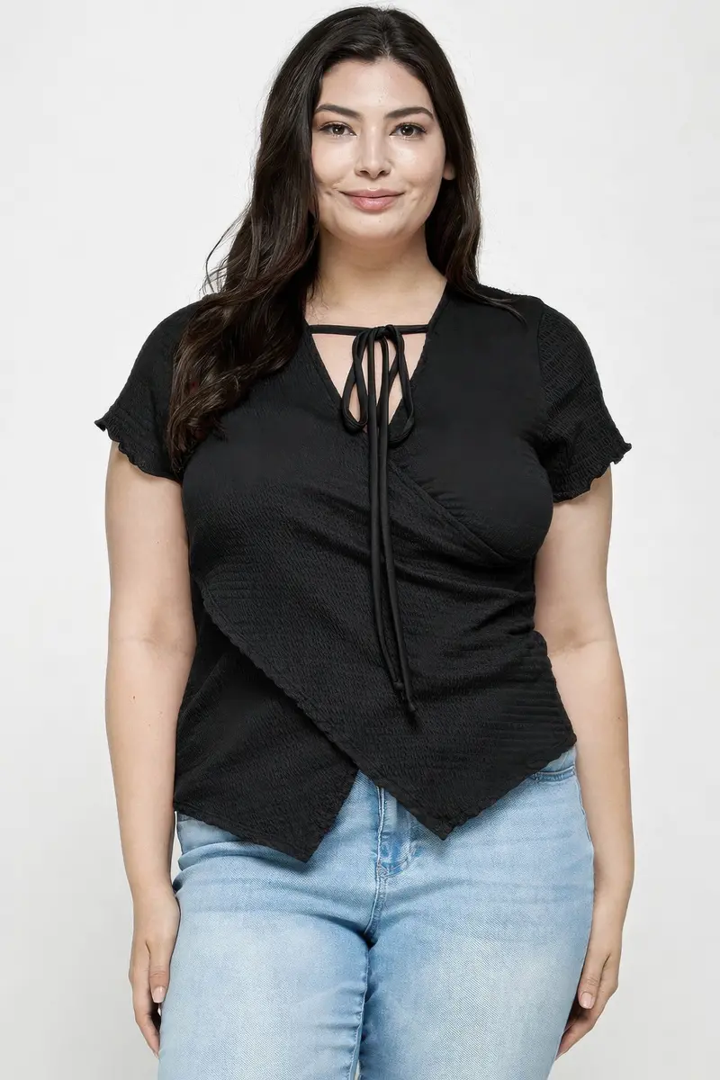 Curvy-Fit Textured Wrap Top Featuring Tie Neck Detail 1
