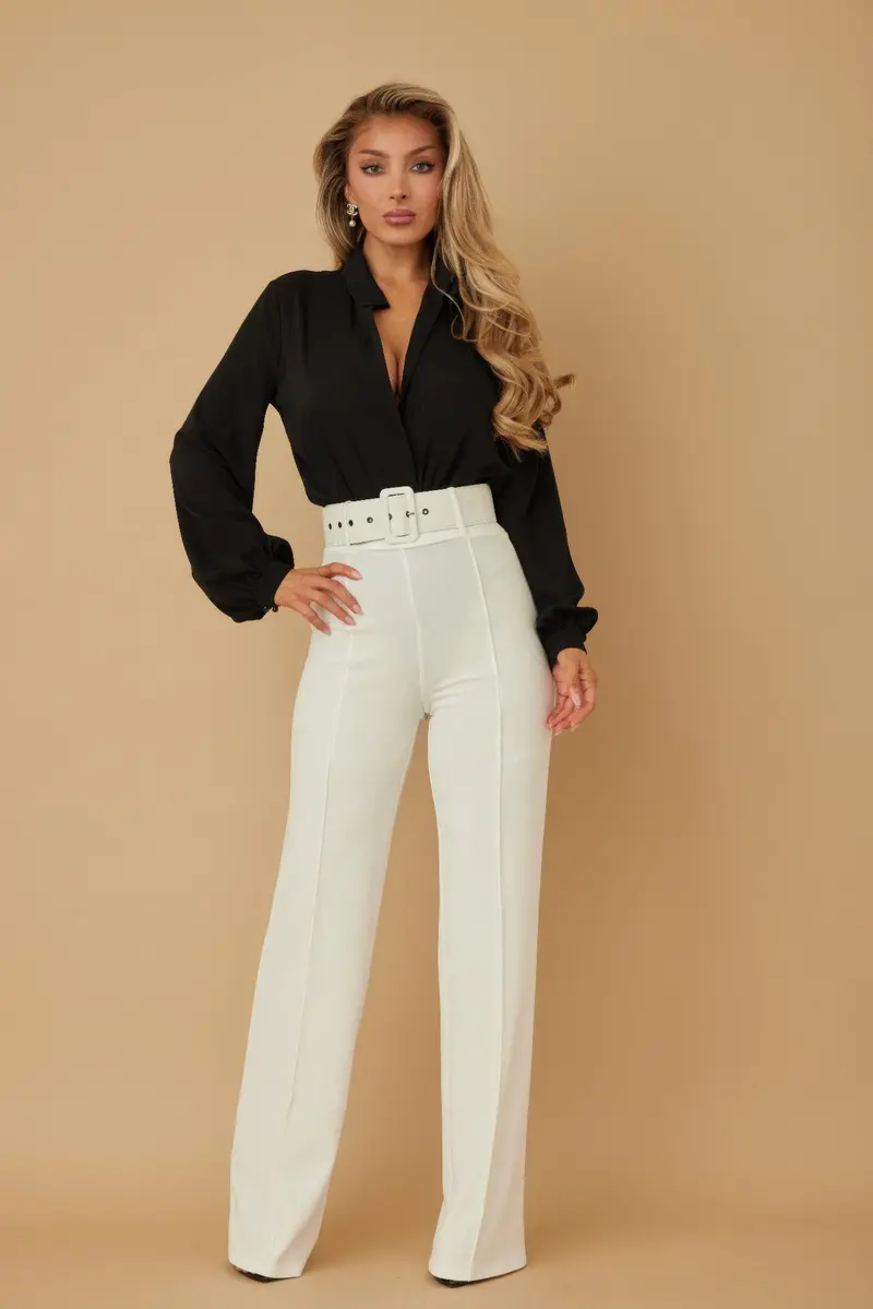 Elastic-Back High-Waist Pants Featuring Removable Belt 1
