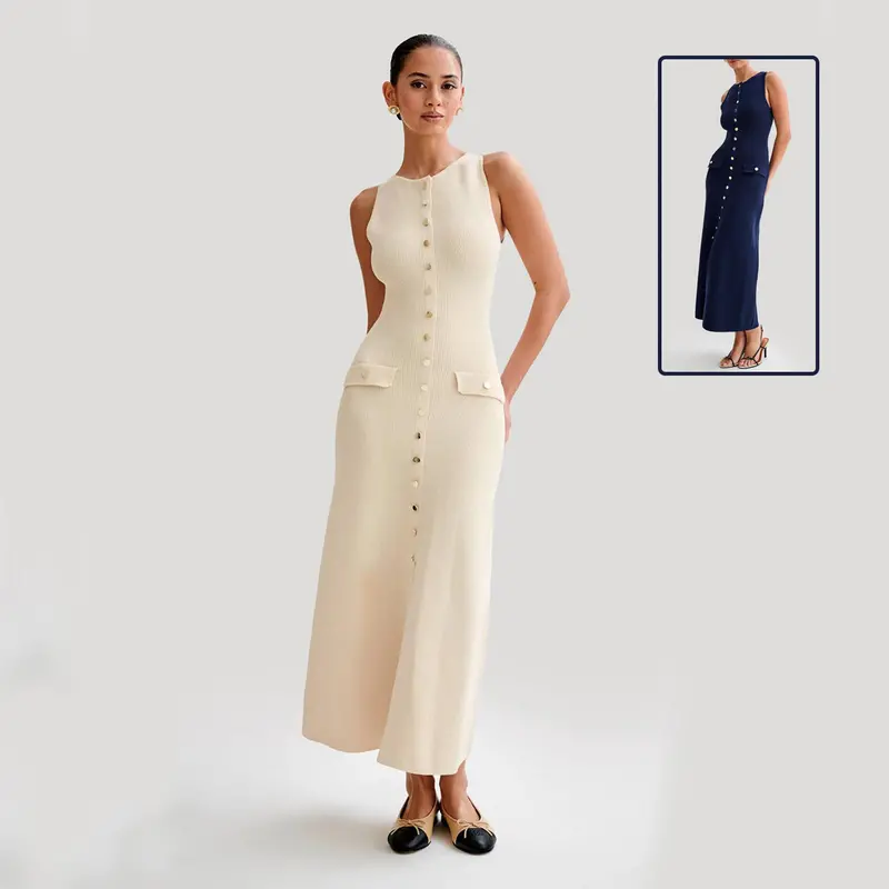 Elegant Knit Sleeveless Dress For Women – Slim-Fit Long Sheath Dress With Single-Breast Detail 1