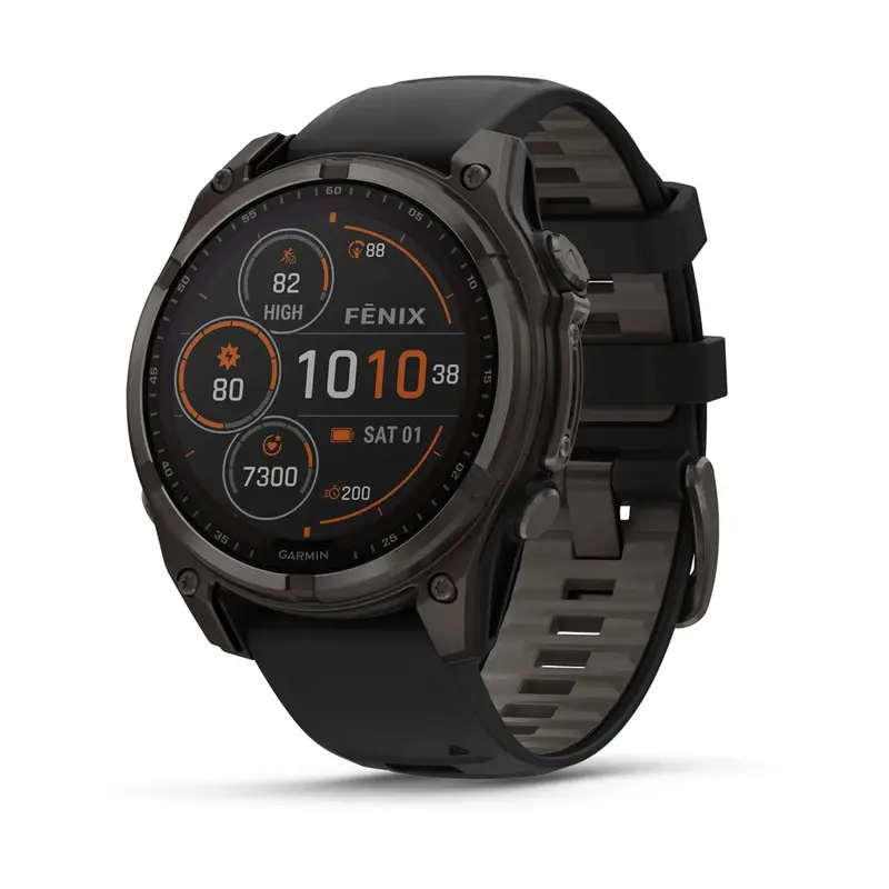 Fenix 8 Gps Smartwatch – 47Mm Solar, Sapphire Glass, Carbon Gray Dlc Titanium Case With Black/Pebble Gray Silicone Band 1