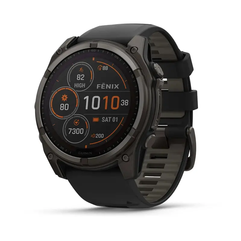 Garmin Fenix 8 – 51Mm Solar Gps Watch, Sapphire Glass, Dlc Titanium Case, Black/Pebble Gray Silicone Band 1