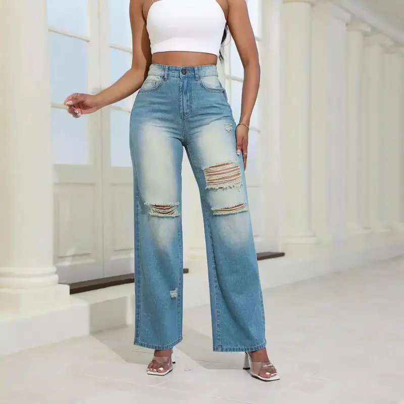 High-Waisted Ripped Jeans For Women – Slim-Fit Denim With Functional Front Pockets 1
