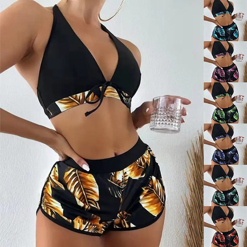 Leaf-Print Bikini Set With Matching Shorts – Stylish Women’S Summer Beach Swimwear 1