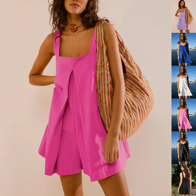 Loose-Fit Square-Neck Jumpsuit With Suspender Skirt Detail – Lightweight Summer Outfit For Women 1