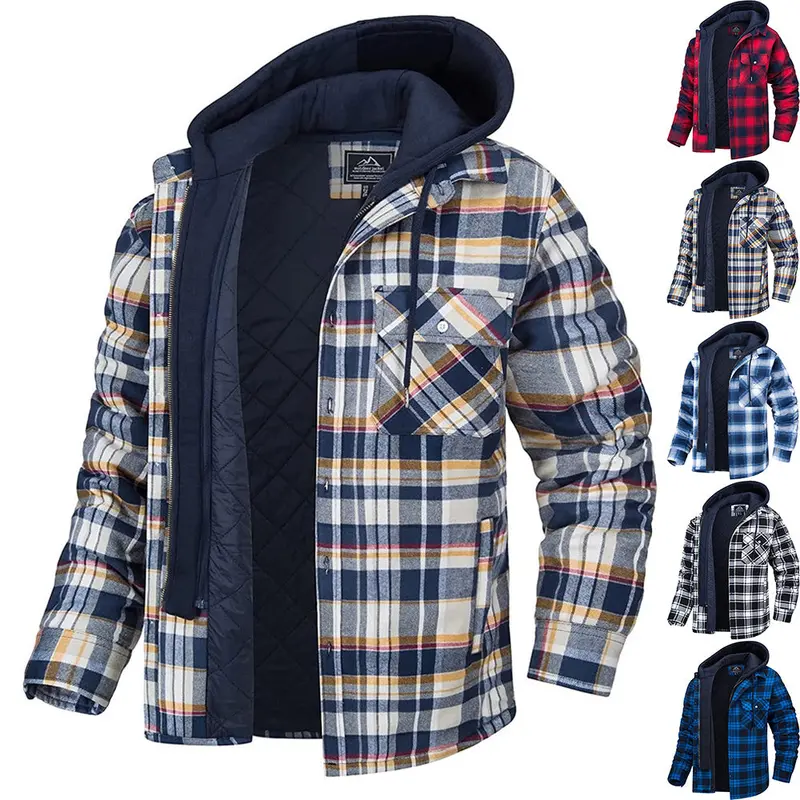 Men'S Plaid Hooded Winter Coat – Warm, Padded Outerwear With Zip & Button Closure 1