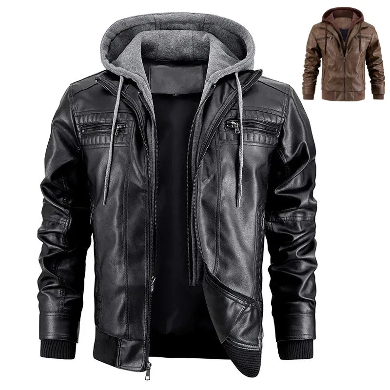 Men'S Pu Leather Hooded Zip Jacket With Secure Zip Pockets – Modern Outerwear 1