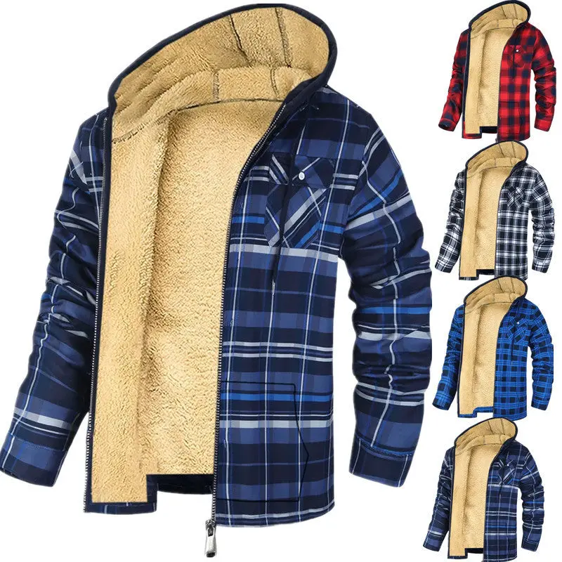 Men'S Winter Plaid Hooded Zip-Up Jacket With Thick Cotton Padding 1