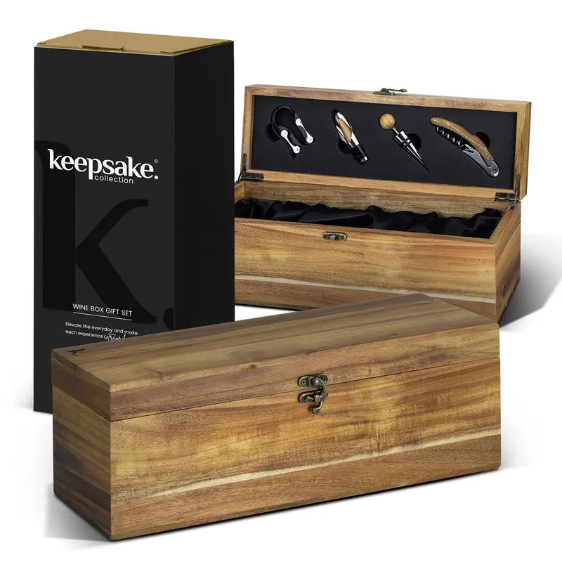 Premium Wine Gift Set In Natural Acacia Wood Presentation Box 1
