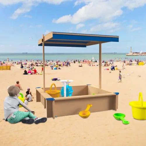 Retractable Wooden Sandpit Playset – Covered Outdoor Backyard Activity Center For Kids 1