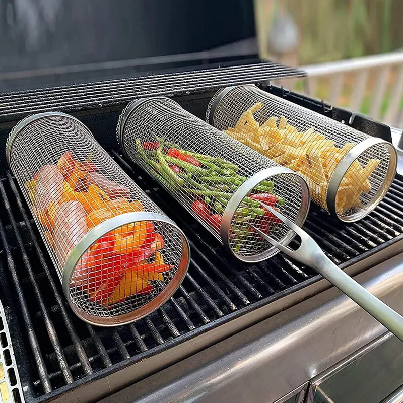 Rotating Metal Bbq Grill Basket – Compact Camping & Outdoor Grilling Accessory 1
