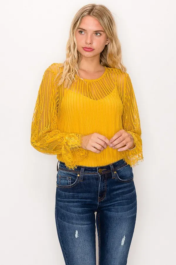Shadow Stripe Bodysuit With Lace Trim 1