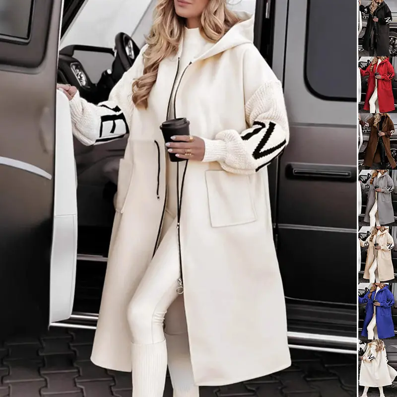 Solid-Color Knit-Sleeved Trench Coat With Hood, Drawstring Waist, And Pockets 1