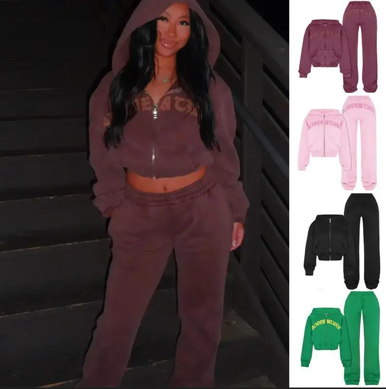 Sporty Cropped Hoodie & Jogger Set – Letter-Print Tracksuit For Women 1