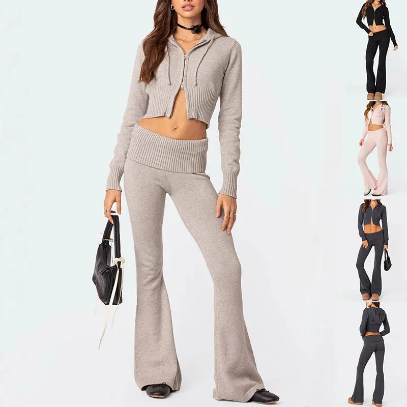 Women’S Cropped Hooded Knit Suit – Slim Flared Pants & Zippered Top Solid Outfit 1