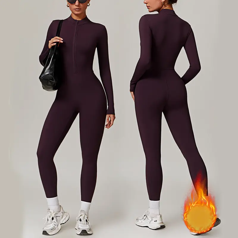 Women'S Long-Sleeve Zip-Front Yoga Jumpsuit – Breathable Fitness Bodysuit 1