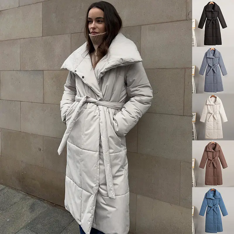 Women'S Longline Winter Coat With Oversized Lapels, Lace-Up Detail & Functional Pockets 1