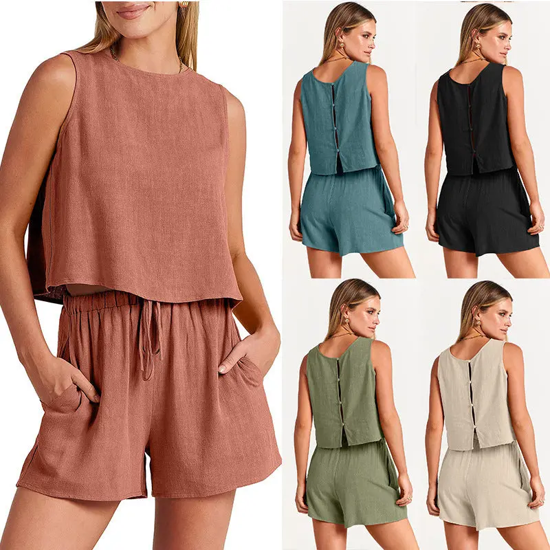 Women’S Sleeveless Summer Two-Piece Set – Trendy Top & Drawstring Short Outfit 1