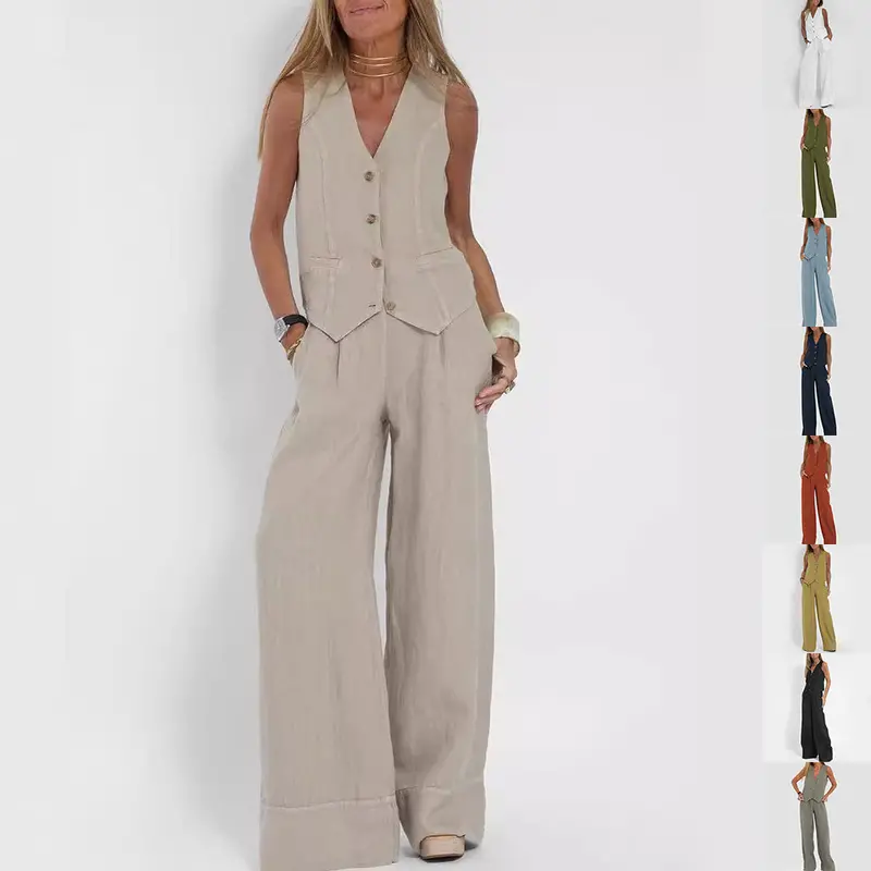 Women'S Summer V-Neck Sleeveless Vest Top & Matching Straight-Leg Trousers Set 1