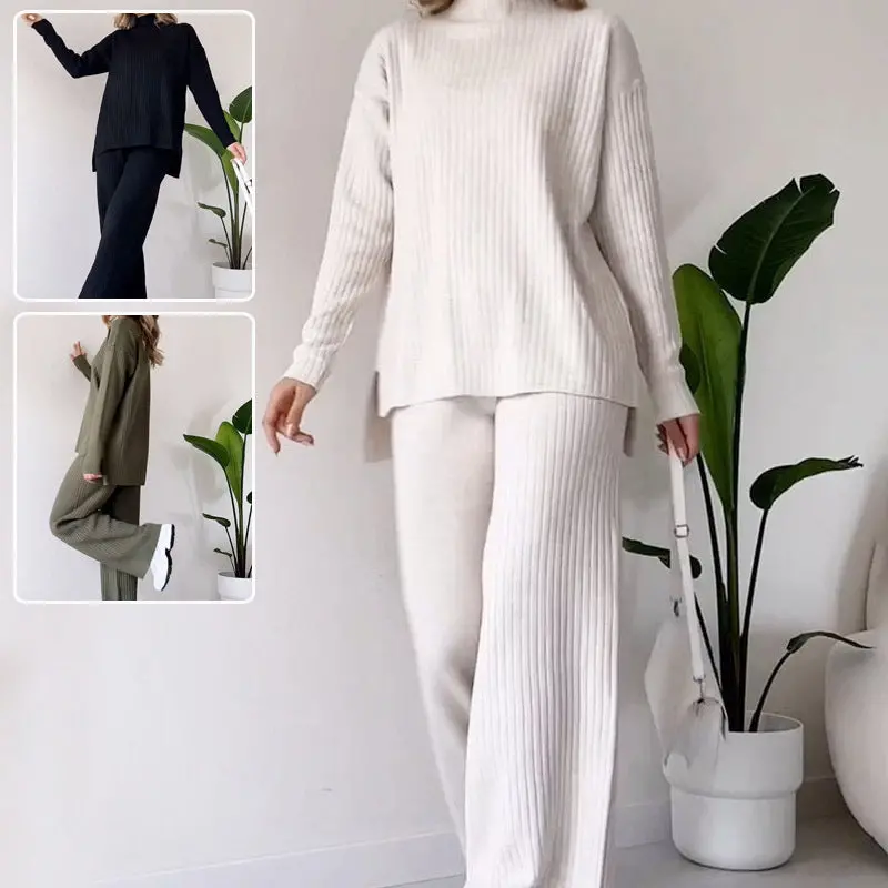 Women’S Turtleneck Knit Suit Set – Relaxed Split Top & Straight-Trouser Two-Piece Ensemble 1