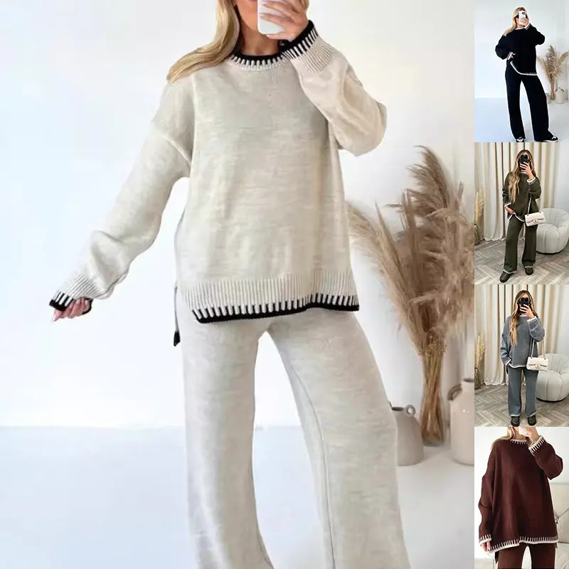 Women'S Two-Piece Solid Suit Set: Split Long-Sleeve Top & Relaxed Straight Pants 1