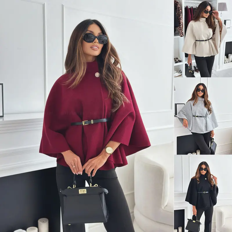 Wool-Blend Cloak-Style Top – Stand Collar, Batwing Sleeves, And Detachable Belt For Elevated Outerwear 1