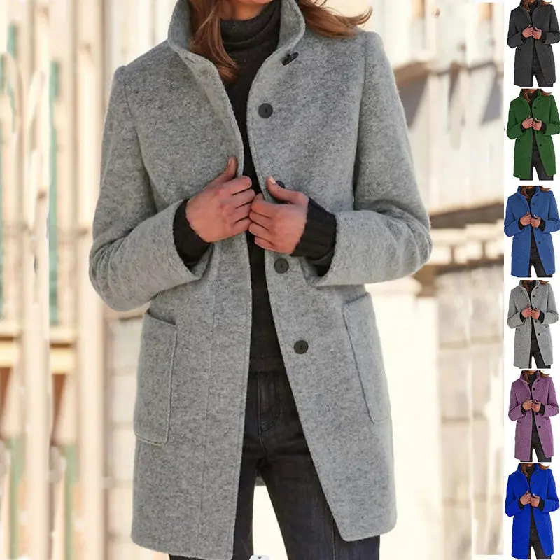 Wool-Blend Stand-Collar Coat For Women – Minimalist Fall/Winter Outerwear With Functional Pockets